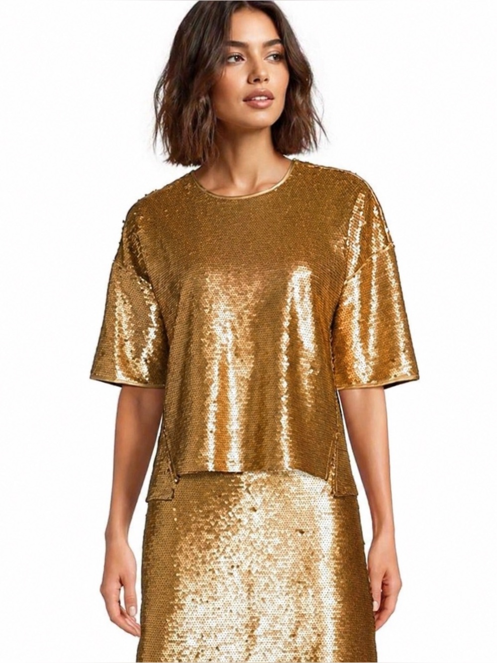 AL.X  Chic Gold Sequin Short Sleeve Pullover Top - Shimmering Luxe Tee